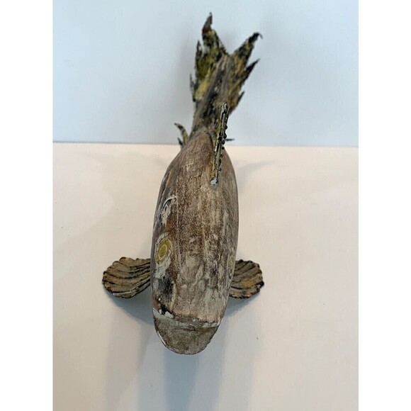 Wood Fish Display Tabletop Retro Metal Fins Nautical Décor Gold Tone Accent - Picture 3 of 10